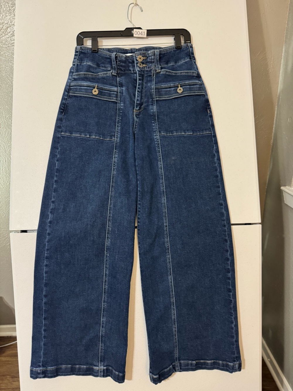 Mica Boutique Denim Wide Crop Super High Sz 29 Dark Wash Double Button Waist
